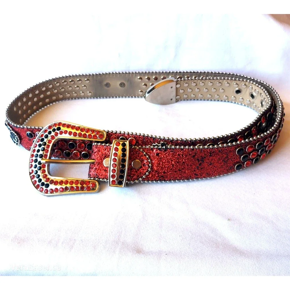 DNA PREMIUM WEAR WESTERN BELT RED BLACK RHINESTONE SILVER & GLITTER ACCENTS 43
